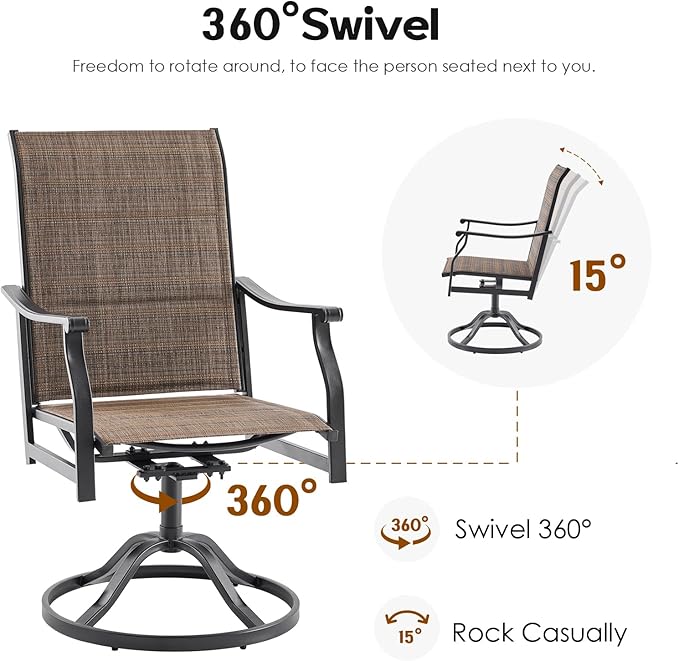 Swivel Patio Chairs Set of 4, Outdoor Patio Dining Chairs with Padded Textilene, Swivel & Rocker Metal Outdoor Dining Chair All-Weather for Backyard, Brown Fabric with Black Frame