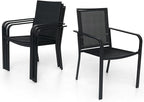 5-Piece Outdoor Patio Dining Set, 40-Inch Round Glass Table with 4 Stackable Chairs, Black