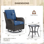 Patio Swivel Chairs with Smile-Shaped Cushions, 3 Piece High Back Patio Swivel Glider Chairs with Side Table 3PCS PE Rattan Luxury Swivel Patio Chair Set Brown Wicker - Blue Cushions