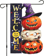 Halloween Pumpkin Monster Garden Flags 12x18 Inch Double Sided, Welcome Funny Small Yard Flags for Outside, Farmhouse Front Porch Outdoor Fall Decor Holiday All Seasons Decoration