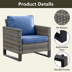 Rilyson Wicker Outdoor Patio Furniture Set - 6 Piece Patio Conversation Set with 2 Armrest Chairs,2 Rattan Ottoman,1 Couch and 1 Metal Side Table for Outside Porch Deck Backyard(Mixed Grey/Blue)