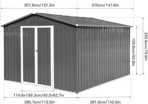 10x12 FT Metal Outdoor Storage Shed & Double Hinged Large Door - Heavy-Duty Shed with Floor, Lockable & Ventilation - Rainproof Windproof Large Utility Garden Shed for Backyard Patio Lawn - Light Gray