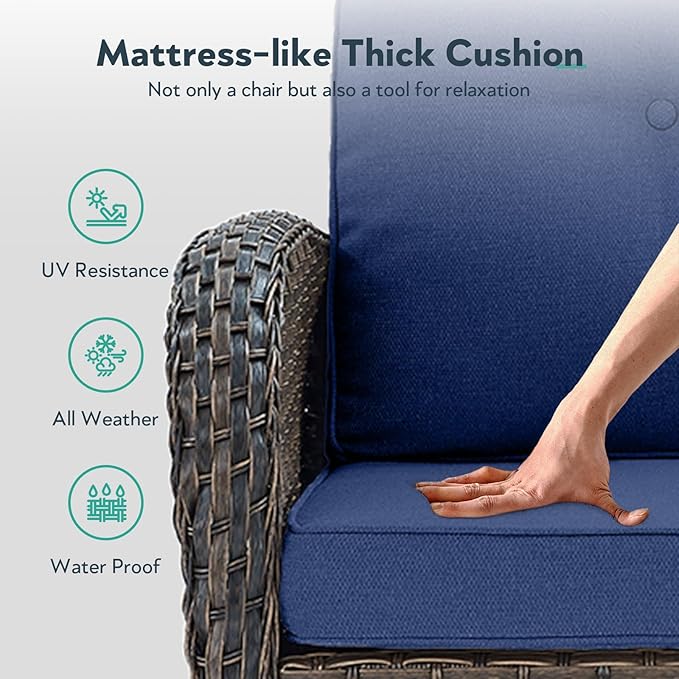 Outdoor Swivel Glider Rocker Chairs - 3 Piece Patio Furniture Set, Patio Bistro Sets with Tempered Glass Side Table, for Balcony, Porch - Brown Wicker, Blue Cushion