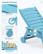 SERWALL Patio Chaise Lounge Chair Set of 2, 78'' Long 5-Positions Adjustable HDPE Outdoor Lounge Chair for Pool, Poly Lounge Chair with Rolling Wheels & Cup Holder for Poolside, Deck, Light Blue