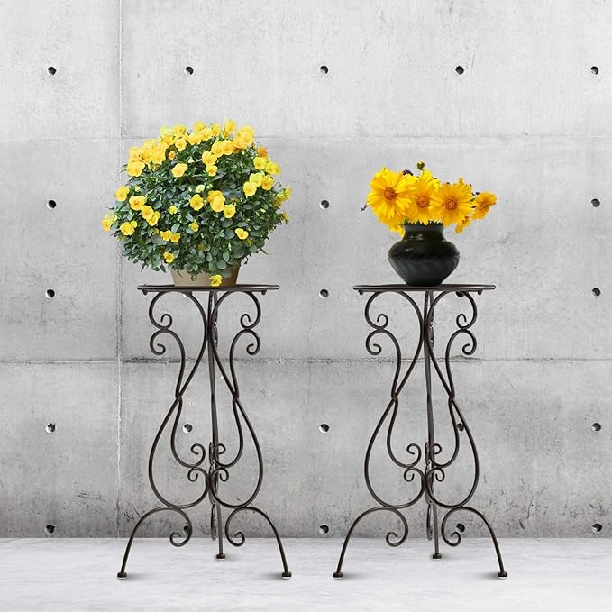 2 Pack Plant Stands Indoor Outdoor, Metal Flower Pot Holder 22.5 inch Tall, Heavy Duty Pedestal Plants Stand for Patio Garden Porch Corner Balcony, Brown