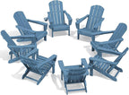 SERWALL Folding Adirondack Chair Set of 8, Adjustable Adirondack Chair with 3 Recline Positions, All Weather HDPE Outdoor Adirondack with Cup Holders, Blue