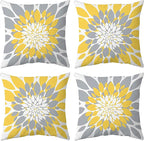 Qahing Pack of 4 Fall Outdoor Waterproof Pillow Covers 18x18 Decorative Outdoor Throw Pillows Garden Square Cushion Cases for Patio Furniture, Couch, Tent Sunbrella, Bench, Mustard Yellow Grey