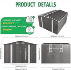 10x12 FT Outdoor Storage Shed,Large Metal Garden Shed with Double Door and Two Windows Waterproof Tool Shed for Backyard Patio Lawn Poolside,Grey