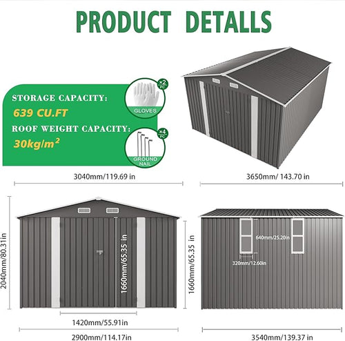 10x12 FT Outdoor Storage Shed,Large Metal Garden Shed with Double Door and Two Windows Waterproof Tool Shed for Backyard Patio Lawn Poolside,Grey