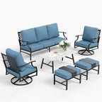 6 Piece Metal Outdoor Patio Furniture Set, Patio Conversation Sets 1 3-seater Sofa, 2 Swivel Chair, 2 Ottomans with 5.75" Thick Cushion and Coffee Table, Black Backyard Furniture, Navy