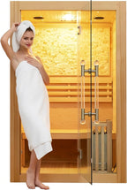 Indoor Steam Sauna 2 Person, Canadian Hemlock Saunas, 6KW Harvia Heater, 220V, Left Door(120-195℉) with Himalayan Salt Panel and LCD Touch Control Panel