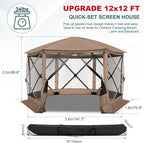 COBlZl Pop Up Gazebo 12x12 Screen House Tent for Camping, Outdoor Instant Stargazing Gazebo Canopy with Awning 2.0, Portable Hub Tent with Mosquito Netting, Pavilion for Backyard,Khaki