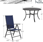 PHI VILLA Outdoor Patio Dining Set for 4, Patio Table and Chairs Set with Adjustable Folding Patio Sling Chairs for Garden, Deck and Yard, Blue