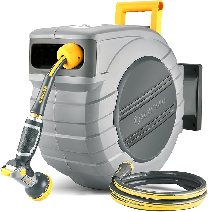 GLAHODEN Retractable Garden Hose Reel 5/8 in x 100 ft Metal Bracket, 2025 Upgraded Dual Ratchet Lock UV & Freeze Protection Brass Seal Slow Retraction Anti-Tangle Hose 180°Swivel