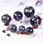 JIC Gem Natural Colorful Fluorite Crystal Sphere with Wooden Stand,Decorative Crystal Ball Fluorite Gemstone Sphere for Meditation,Feng Shui,Witch-Style Decor,Table 80-90mm