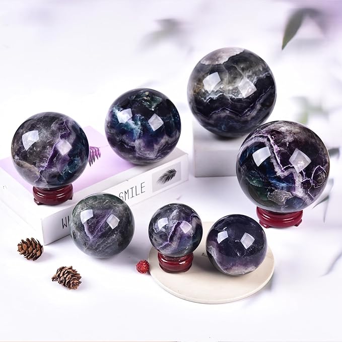 JIC Gem Large Crystal Sphere with Stand Colorful Fluorite Crystal Ball Gemstone Decorative Ball for Home Decor Altar Reiki Healing Gift 90-100mm