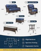 HILLGA Luxury Patio Furniture Set with 6-Inch Thick Cushions, High Back Outdoor Swivel Rocker Chairs and Patio Couch, 7-Piece All Weather Conversation Set for Porch Deck Pool Yard, Blue (V3)