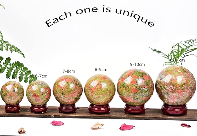 JIC Gem Small Crystal Sphere Ball Natural Unakite Stone Healing Crystal Ball with Decoation Stand for Fengshui Meditation Decoation (60-70mm)