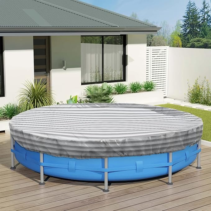 ECOOPTS 15 ft Round Pool Cover for Above Ground Pools, Swimming Pool Cover Protector Winter Safety Cover (Gray White Stripes)