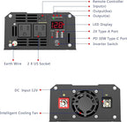 Power Inverter Pure Sine Wave 1200 Watt 12V Dc to 120V Lithium Battery Compatible with UL Fuses and USB-C PD30W and QC 3.0 FastCharger and Wired Remote for RVs Car Solar System Emergency