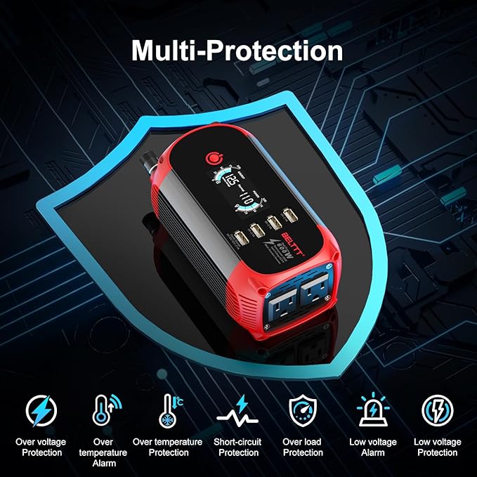 BELTTT 300W Inverter 12V to 110V, 600W Peak Car Power Inverter Dc to Ac Converter for Vehicles, Car Adapter for Plug with 2 AC Outlets, 4 USB Ports and Smart LCD Display, Car Charger for Laptop