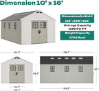 Devoko 10 x 16 FT Resin Outdoor Storage Shed, Extra Large Plastic Shed with Skylight, Floor and Lockable Door, Storage Bike, Tools, Lawn Mower for Garden, Backyard, Patio, Beige