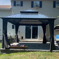 Domi 10’ x 10’ Hardtop Gazebo Metal Frame Canopy with Netting & Curtains, Outdoor Permanent Metal Pavilion with Galvanized Steel Double Roof for Patio Lawn and Garden, Gray