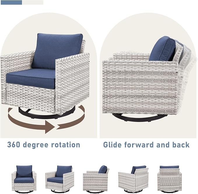 Wicker Patio Furniture Set：7 Piece Outdoor Patio Furniture Set with 2 Swivel Patio Chairs 2 Single Chairs a Coffee Table and 2 Ottomans, Light Grey Wicker/Blue Cushion