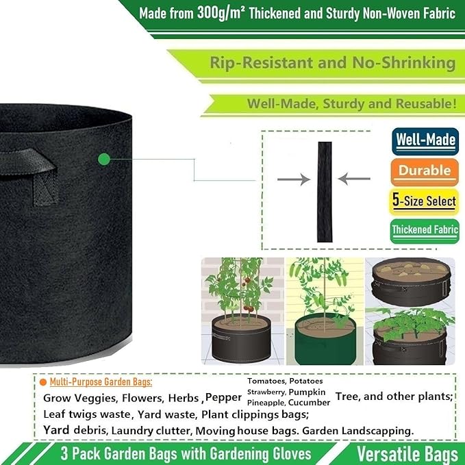 3-Pack 50 Gallon Thickened Plant Grow Bags Large (30x16 in) Heavy Duty Garden Bag Fabric Plant Pots for Potato,Tomato Planter,Herbs Veggies Planting,Flower Pots,Barrel Planter,Yard Waste Bag,Leaf Bags