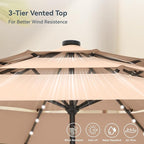 PHI VILLA 10ft Patio Umbrella with Solar Lights, Outdoor 3 Tier Vented Large Market Table Umbrella with 8 Sturdy Ribs and 1.5" Umbrellla Pole for Lawn Poolside Garden Terrace, Beige