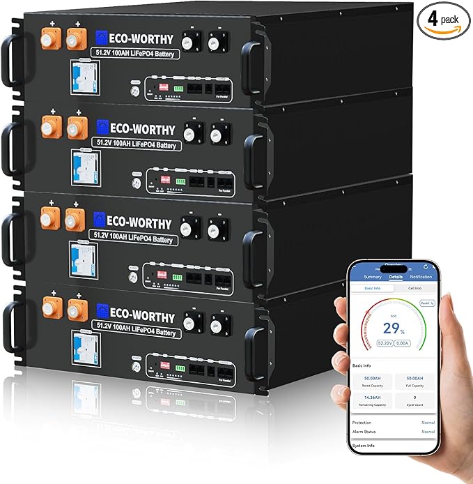 ECO-WORTHY 48V 400Ah Server Rack Battery LiFePO4 w/Bluetooth | 4 Pack 20.48kWh Solar Battery Kit for Home Backup | UL1973 & UL9540A & CEC Listed (Get Free 48V Monitor and 3U Rack)