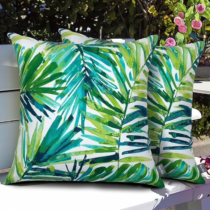 Magpie Fabrics Patio Pillow Covers ONLY 18"x18", Set of 2, Fade-Resistant Outdoor Indoor Decorative Throw Pillowcase Shell for Couch Garden Furniture - Green Palm Leaves