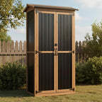 Outdoor Storage Cabinet Weather-Resistant, Wood & Metal Storage Shed with 3 Removable Shelves, Waterproof Roof, Adjustable Feet, Patio Storage Cabinet Outside for Garden Garage Backyard Pool