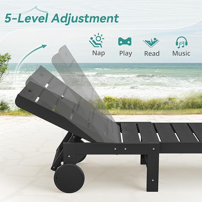 Outdoor Chaise Lounge Chairs with Table, 2-Piece, 26.8” Super Wide Lounge Chair Outdoor, HDPS Pool Chairs with 5 Positions, Patio Lounge Chair with Wheels for Pool,Lawn,Backyard, Black