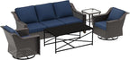 5 Pieces Outdoor Conversation Furniture Set - 77" Patio Sofa, 2 Swivel Rocker Chairs, 1 Side Table, 1 Metal Table, Patio Wicker Couch Set with Washable Cushions for Porch (Navy Blue)