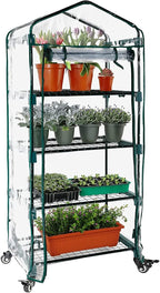Worth Garden Upgraded 4 Tier Mini Greenhouse w/ Castors Wheels - Portable Small Gardening Green House w/ Clear PVC Cover - Heavy Duty Swivel Castors w/ Brakes - 65''H x 27''L x 19''W Indoor & Outdoor