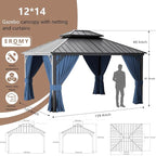 12’x14’ Hardtop Gazebo Outdoor Aluminum Frame Permanent Gazebo Galvanized Steel Double Roof Pergola with Nettings and Curtains for Patio, Lawns,Backyard, Deck(Navy)