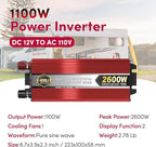 IERBJ 1100W Power Inverter, DC 12V to AC 110V, 2600W Peak Power, LED Display, Pure Sine Wave,Cooling Fan,for Vehicles,Car,RV,Truck,Ship
