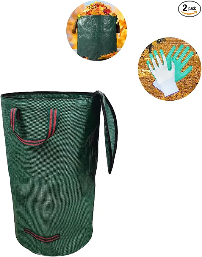 Garden Bags for Leaves, Leaf Bags Reusable Zippered Top with Yard Leaf Collector Bag Heavy Duty with 4 Handles Garden Leaf Bag Leaf Collector Come with Gloves (32Gallon)