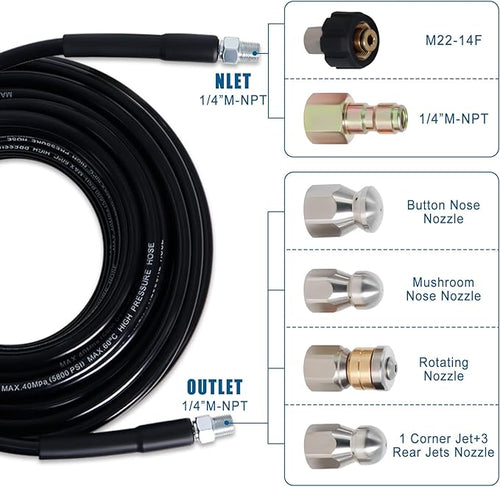 100FT Sewer Jetter Kit for Pressure Washer, 5800PSI Drain Cleaner Hose 1/4 Inch NPT Corner with 4 Sewer Jetting Nozzles，Waterproof Tape，Pearl Corsage Pin，Handle Strap & 2 Spanners (Black)