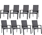 PHI VILLA Outdoor Stackable Chairs, Patio Chairs Set of 8, Light Weight Aluminum Frame with Textilene Fabric & Wood Armrest, High Back Deck Chairs for Poolside Lawn Garden, Gray