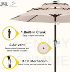 Kingdura 9ft 3-Tier Patio Umbrella, Outdoor Table Umbrella with Easy Crank & Tilt, 8 Reinforced Ribs, UV Protection for Deck, Pool, Market, Backyard (Beige)