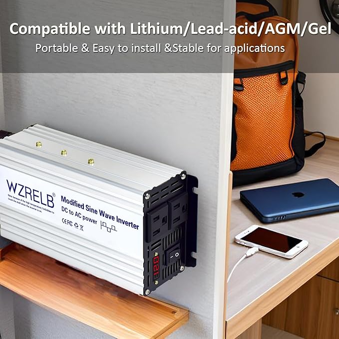 WZRELB 1000W Power Inverter 12V DC to 110V 120V AC,2000W Peak Modified Sine Wave Car Inverter with LED Display,Dual AC Outlets,Soft Starter,Off-Grid Power Converter with High Efficiency up to 90%