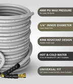 Pressure Washer Hose 150FT 4000 PSI, Kink Resistant Steel Braided Layer & NonMarking Rubber for Hot/Cold Water, High Power Washer Hose With 3/8 Inch Quick Connect & M22 Fitting, Gray