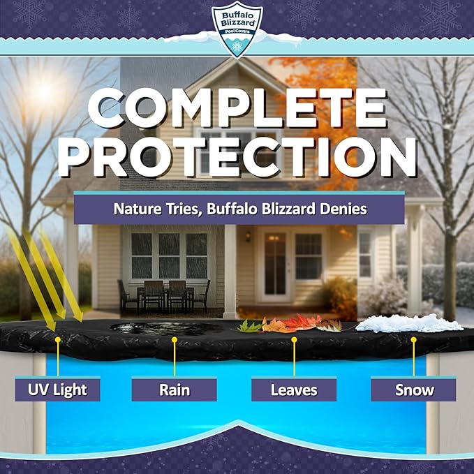 Buffalo Blizzard Deluxe Winter Cover for 16 ft x 24 ft Rectangle Inground or Above Ground Swimming Pools | Blue/Black Reversible | 5-Foot Additional Material