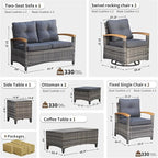 MEISSALIVVE 9 Pieces Outdoor Patio Furniture Sets,PE Wicker Patio Conversation Sets with 2 Wood Armrests Swivel Rocker Chairs,2 Single Chairs, 2-seat Sofa and Coffee Table(Grey)