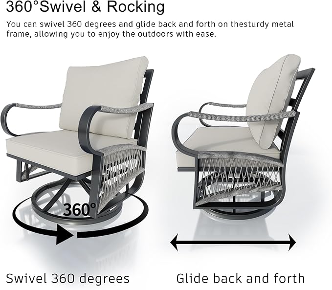 7 Pieces Outdoor Patio Conversation Sets with All Weather Cushions, Metal 3-Seater, 2 Swivel Rockers, 2 Single Chairs, 1 Side Tables, 1 Fire Pit Table for Backyard Deck Porch Poolside, Beige
