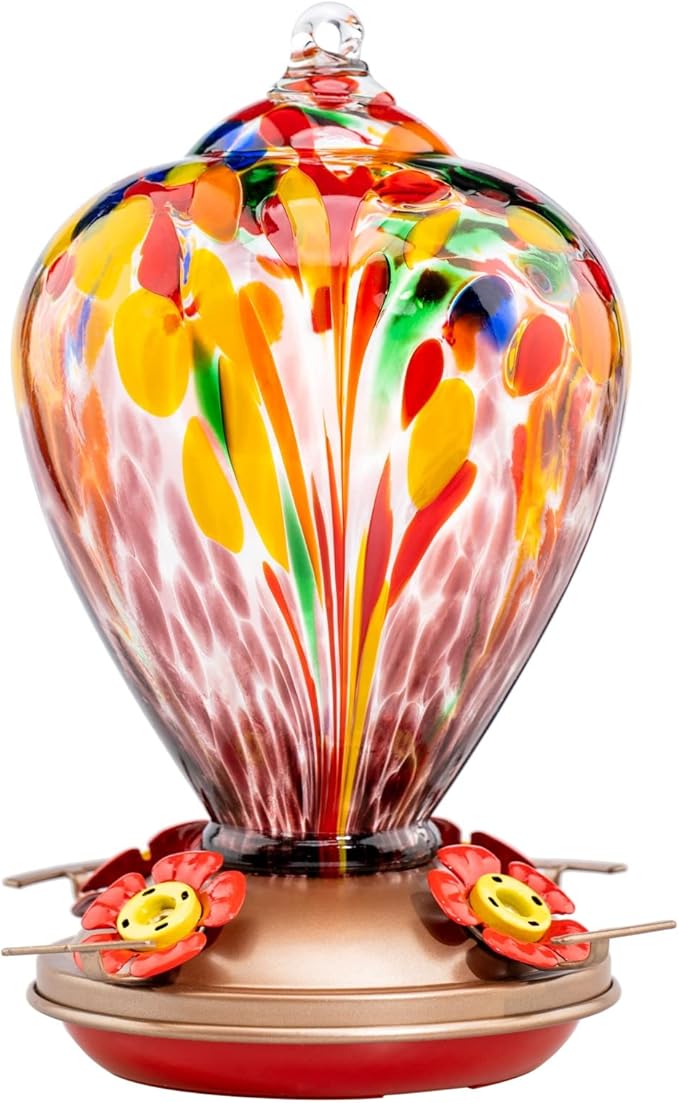 Muse Garden Hummingbird Feeders for Outdoors Hanging, Blown Glass Hummingbird Feeder, Humming Bird Gifts for Mom, Garden Decor for Outside, Unique Gifts Idea for Women, 34OZ, Purple Tulips