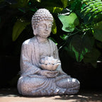 Buddha Lotus Statue with Solar Lights, Resin LED Figurine for Garden Decor – Unique Gift for Women and Friends(Grey Buddha)