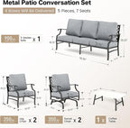 6 Piece Metal Outdoor Patio Furniture Set, Patio Conversation Set 1 3-Seater Sofa, 2 Rocking Chair, 2 Leg Chair with 5.75" Thick Cushion and Coffee Table, Backyard Furniture Set, Gray